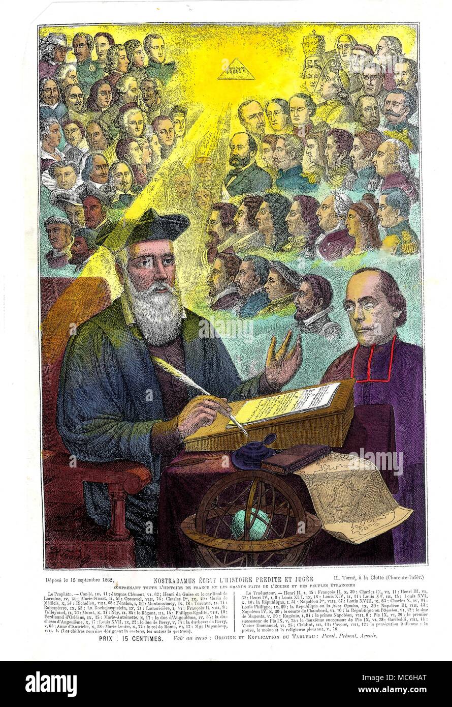 NOSTRADAMUS - PORTRAIT Portrayal of the seer, Michel Nostradamus, predicting the future, or 'writing History which is at once predicted and judged'. Hand coloured lithograph of 1862, printed for the AbbÃš TornÃš, one of the important nineteenth century commentators on Nostradamus. The print was sold independently of TornÃš books on Nostradamus. The picture portrays the AbbÃš staring in adoration at Nostradamus, whose head is illumined (presumably as the source of his inspiration, or prophetic power) by a ray of light emitted from a radiant Masonic triangle containing the Tetragrammaton, o Stock Photo