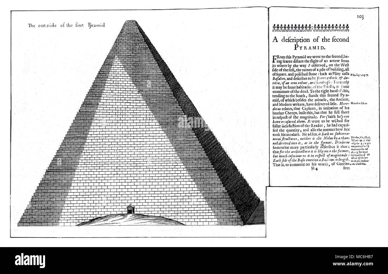 EGYPT - PYRAMIDOLOGY Engraving of the Great Pyramid by John Greaves, and Oxford University professor, who had measured the Pyramid of Gizah with Burattini, in 1639. The proportion of his design was very accurate, even though Greaves did not represent all the 202 remaining courses in the historic pyramid (see entire engraving, on next page). It is, of course, the truncated top that is of interest to us here. It had also interested Greaves, who wrote, in a spelling so representative of the 17th century, that the great structure,' ends not in a point, as Mathematicall Pyramids doe, but in Stock Photo