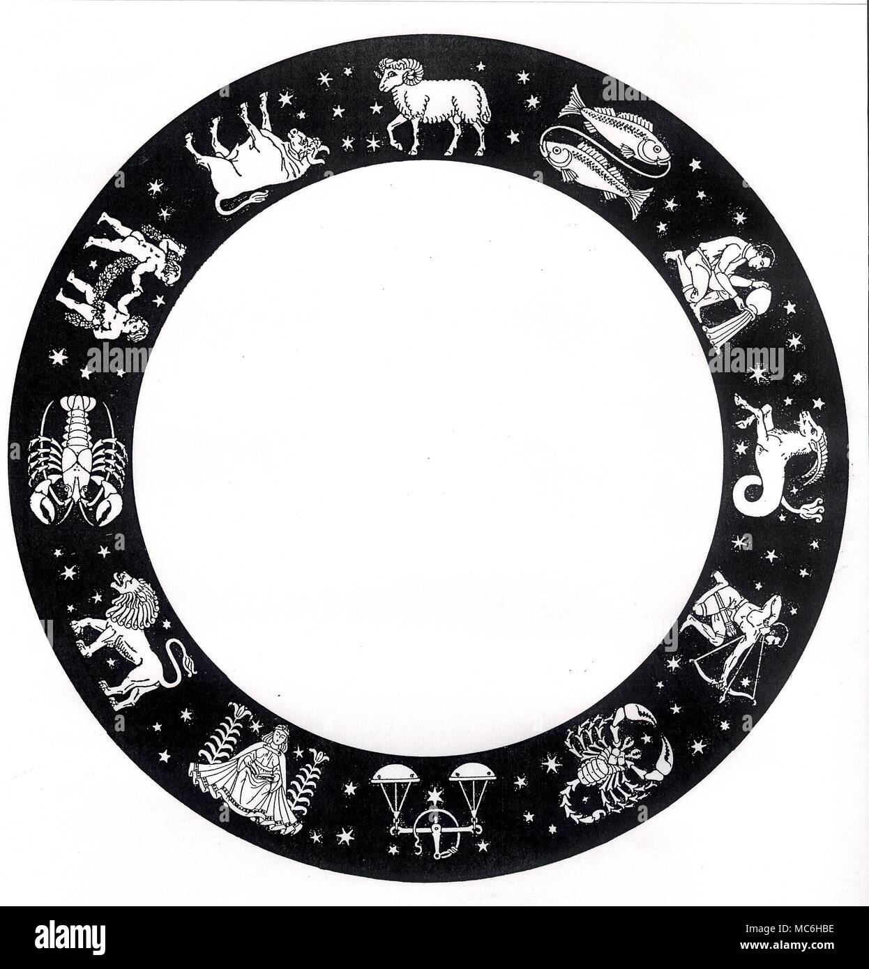 ZODIACS Zodiacal circle, with the twelve traditional images of the twelve  signs. Starting at the top, is Aries the Ram. Widdershins direction, Taurus  the Bull, Gemini the Twins, Crayfish of Cancer, Leo