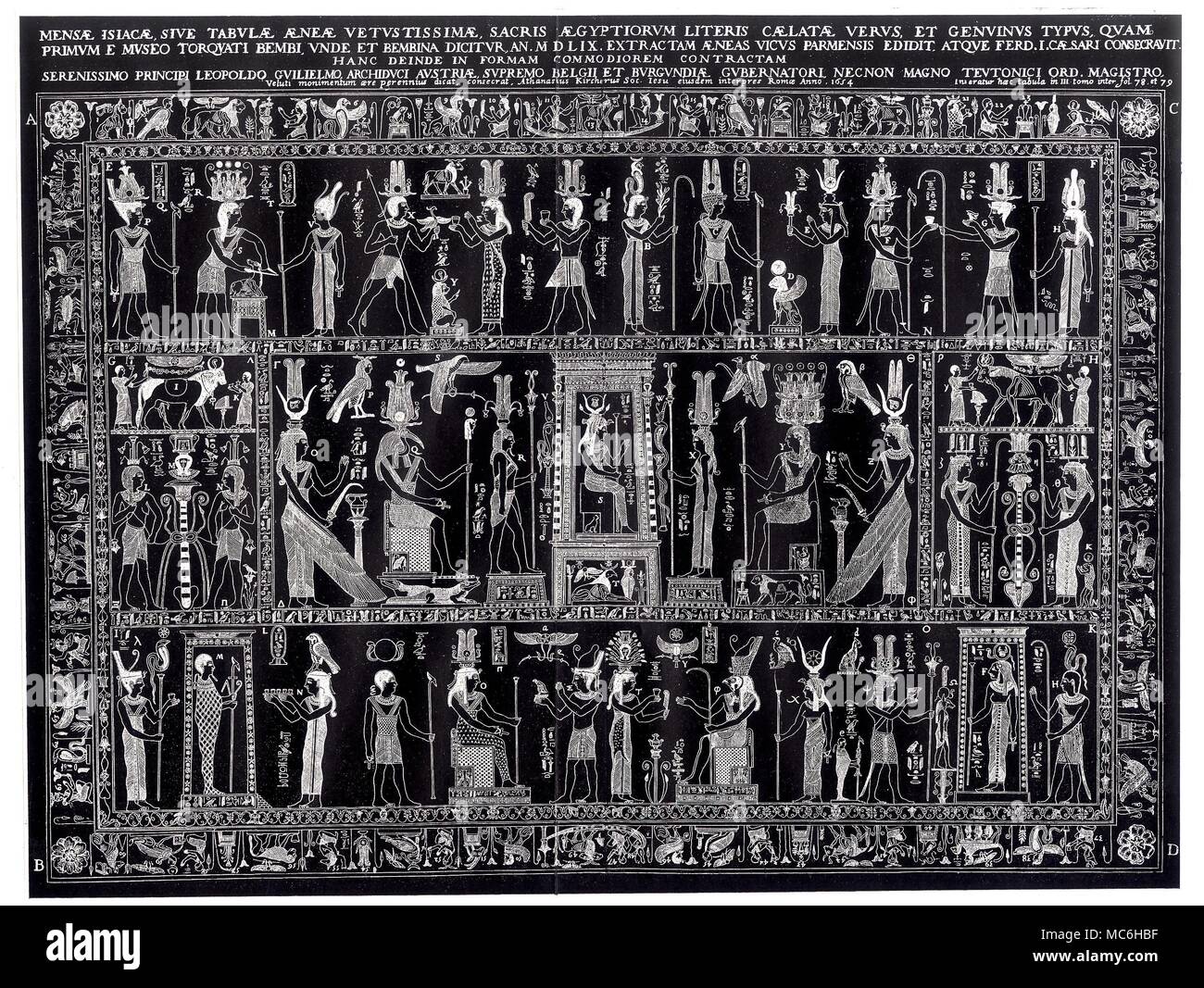 EGYPTIAN MYTHOLOGY - TABLET OF ISIS The so-called 'Tablet of Bembo', or Mensa Isiacae (Tablet of Isis), reproduced in Kircher's Oedipus Aegiptiacus, 1654. The learned Jesuit, Athanasius Kircher reproduced the plate with great care, but was not able to translate the hieroglyphics correctly. It seems to have been made during the Renaissance, by someone with a profound knowledge of Egyptian lore. The tablet is said to have turned up in Rome, after the sacking of that city, in 1527, when it was sold for a fabulous sum to the scholar-collector, Cardinal Bembo. After a long line of known owner Stock Photo