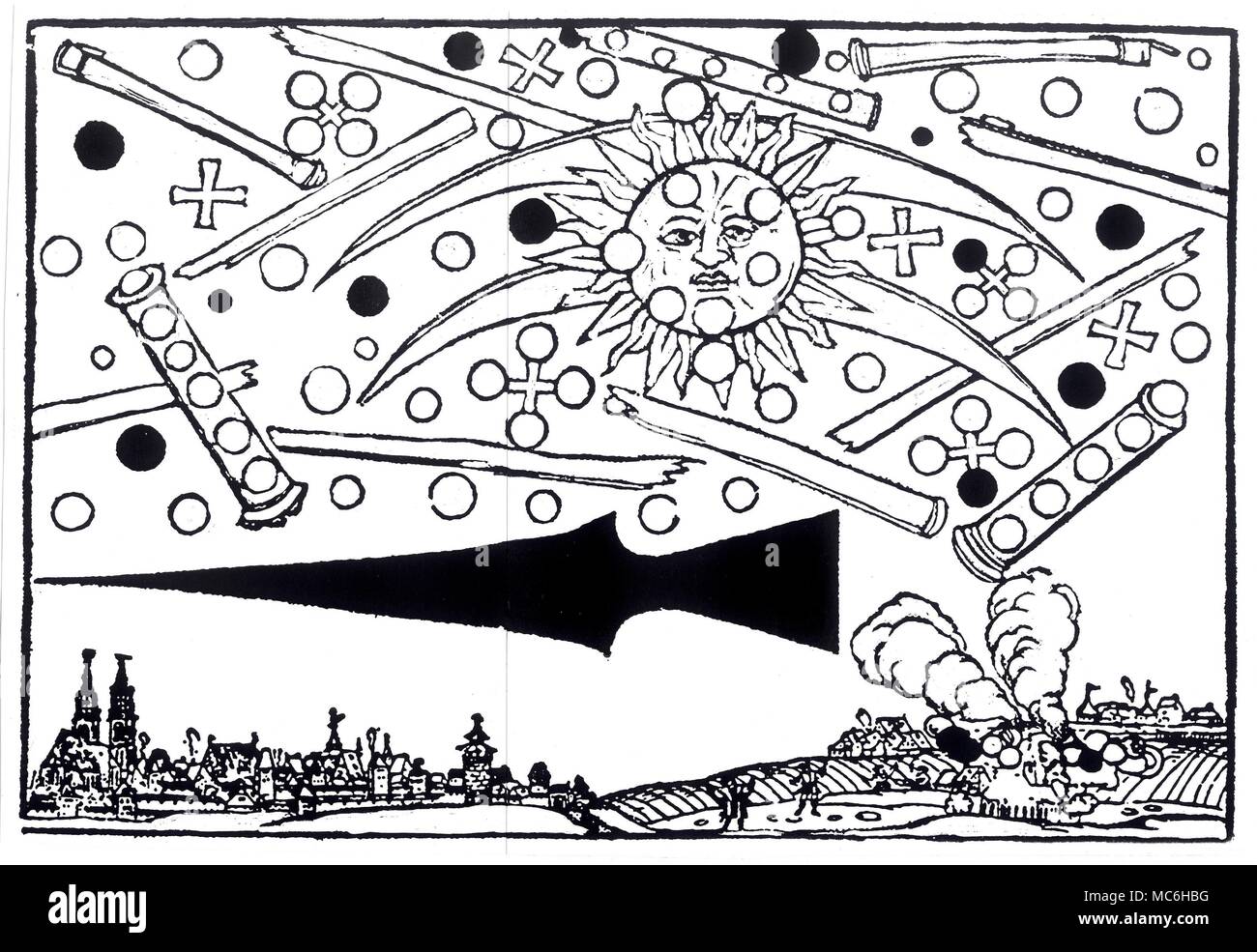 UFOs Unidentified flying objects - seemingly at war - in the skies over Nuremberg, on the night of 14 April 1561. The conflict lasted for over an hour, and the apparition was never explained. Loose print, after a broadsheet published in the city, in 1561. Stock Photo