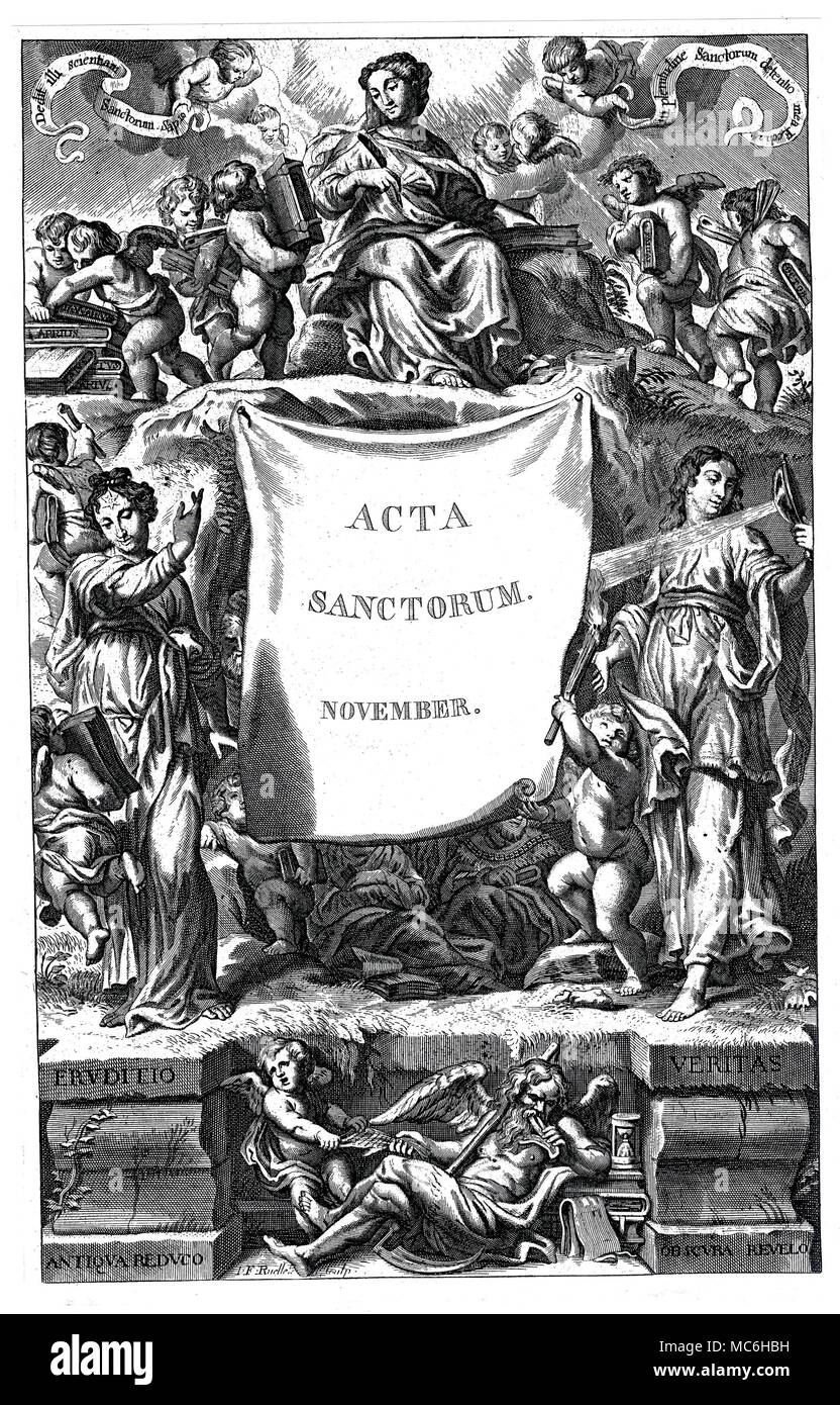 SYMBOLS - SAINTS Titlepage of Joseph de Backer, et. al., Acta Sanctorum, with a symbols relating to Christian lore. At the foot of the page, Chronos, the god of Time (with scythe and hour-glass) devours books. To the left of the banderole Erudition studies a book: on his forehead is a six-pointed star. To the right of the bandrole, Truth stands, with the enlarging glass, throwing light on the darkness behind the roll. Stock Photo
