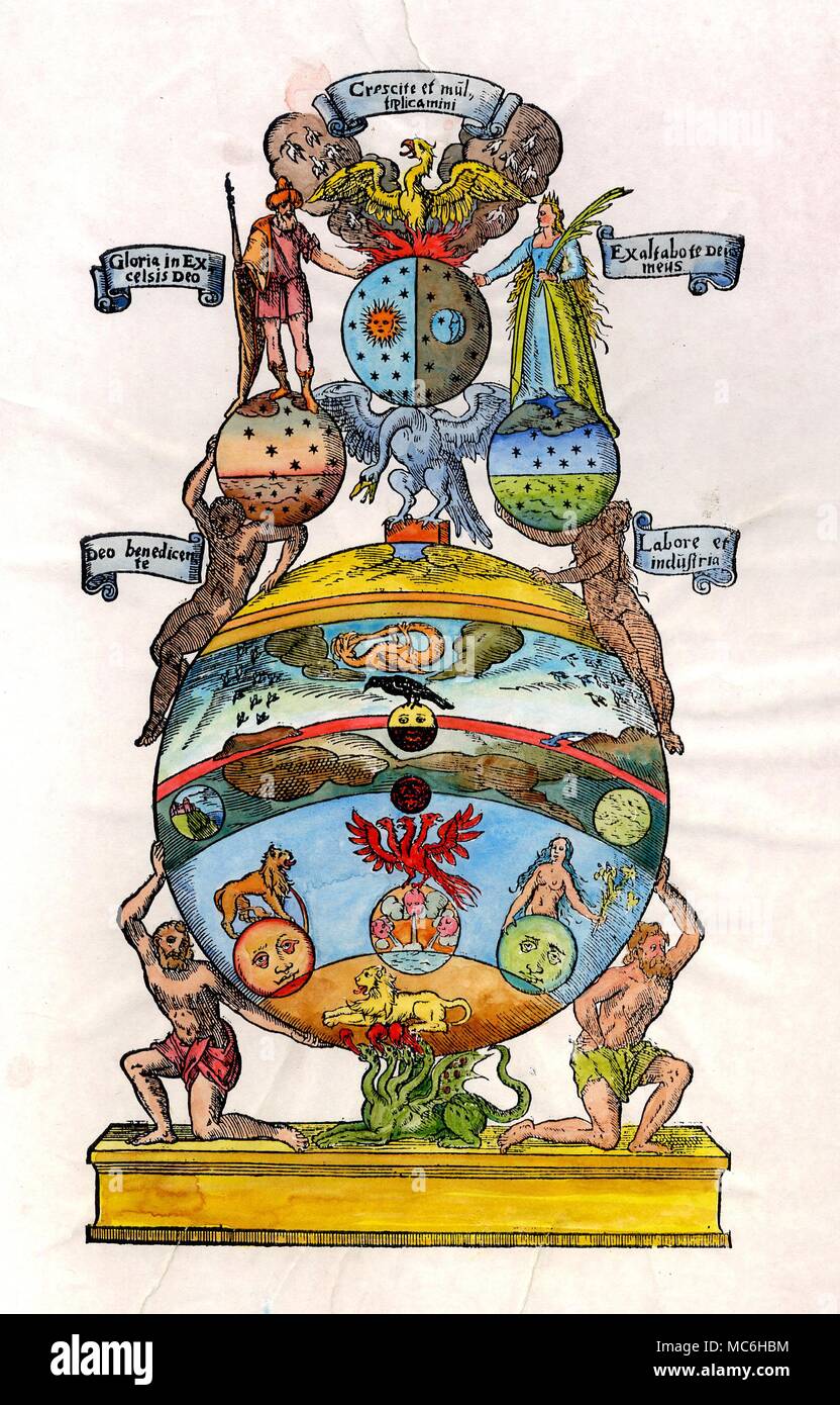 ALCHEMY Alchemical device illustrating how the polarities of the material world are united in the Phoenix, which is the Philosopher's Stone. From Andreas Libavius, Alchymia, 1606. The polarities lie on either side of the vertical descending line below the phoenix, which is nesting in its flame above the cosmic duality of Sun and Moon, on either side of which are the earthly representatives of these, the King and Queen. Below the cosmic circle, the four elements are divided into two groups - the left, beneath the King, is Fire and Air, to the right, beneath the Queen, Water and Earth. These a Stock Photo