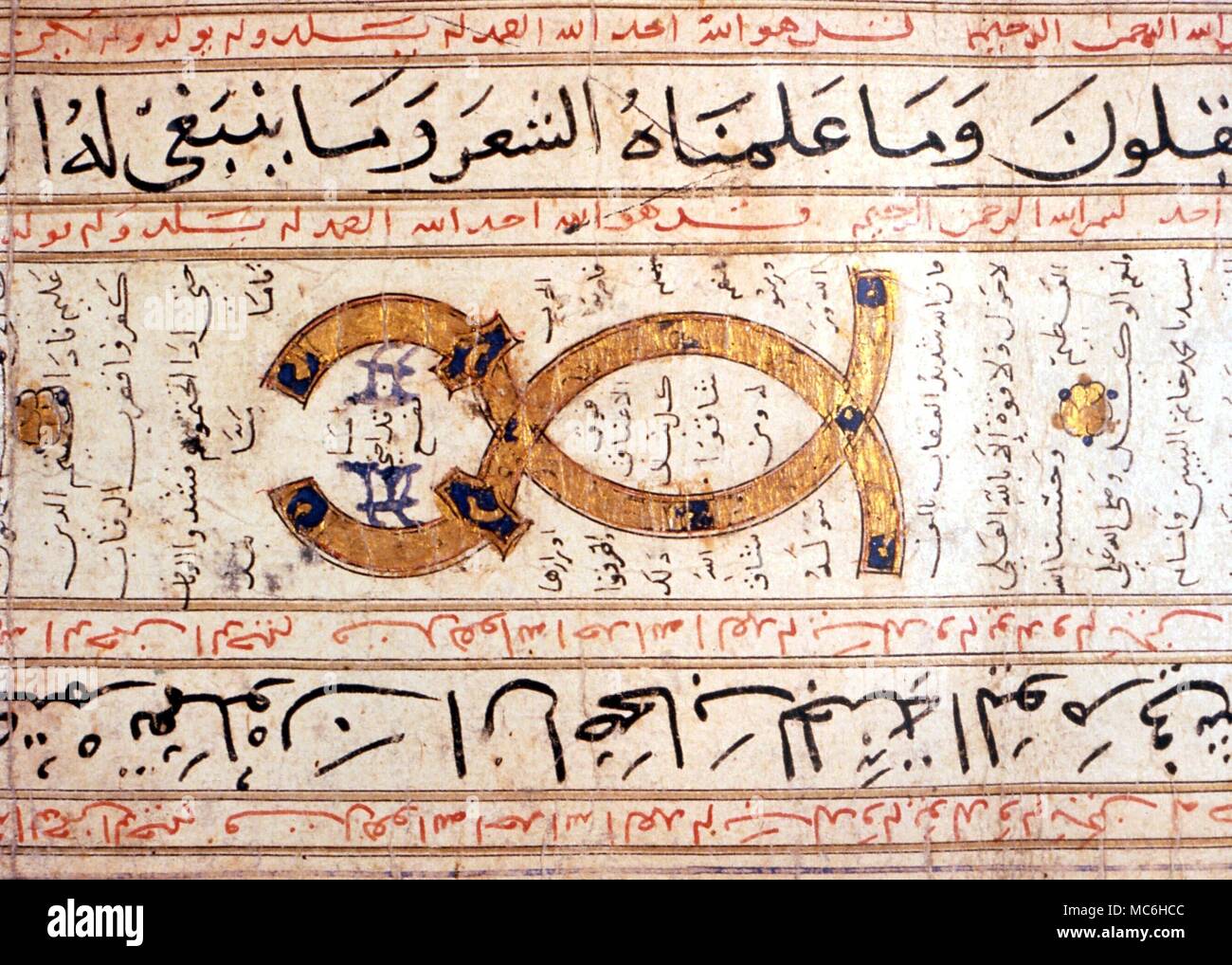 AMULETS - Magical symbol on an Arabic scroll which is a recipe used as a dispenser of magical amulets and charms against evil. Egyptian, 14th century. Dar al-Athar al-Islamiyyah, Kuwait Stock Photo