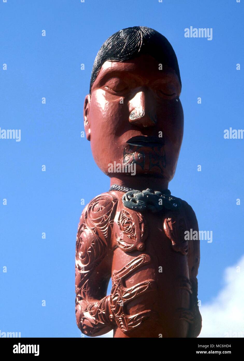 AMULETS -ei Tiki The traditional Maori amulet (Hei Tiki) on one of the palisade guardians at Whakarewarewa, Rotorua. New Zealand Stock Photo