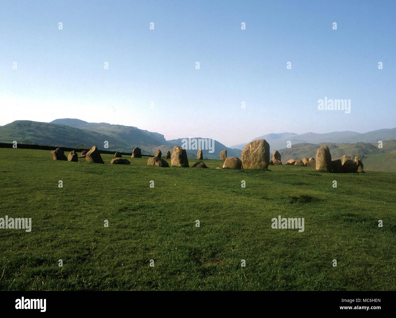 Ley Lines. Castlerigg prehistoric stone circle in Cumbria. Many of the orientation points are not marked by outliers in the traditional way, but by declivities and high points in the surrounding mountains. Stock Photo