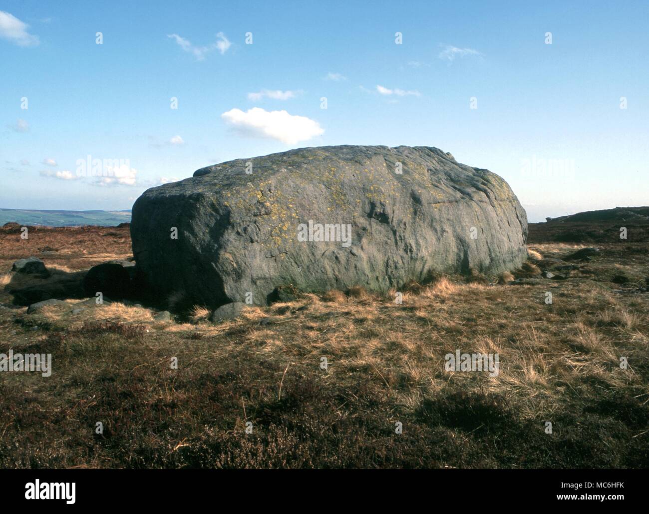 Ley Lines. The Pancake Stone on the ridge above the Cow and Calf on Ilkley Moor, Yorkshire. The stone is a nexus of a complex system of leys. Stock Photo