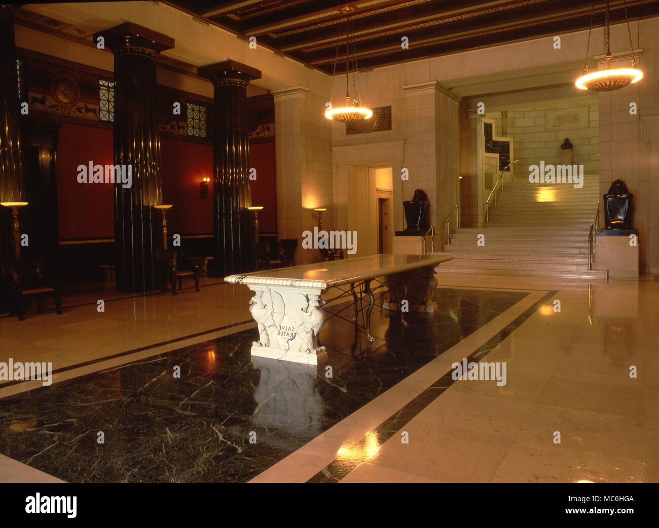 Masonic Temple in Washington DC. The Atrium of the Temple. The floor is paved with Tavernelle marble and the Doric columns are of green Windsor Granite. Stock Photo