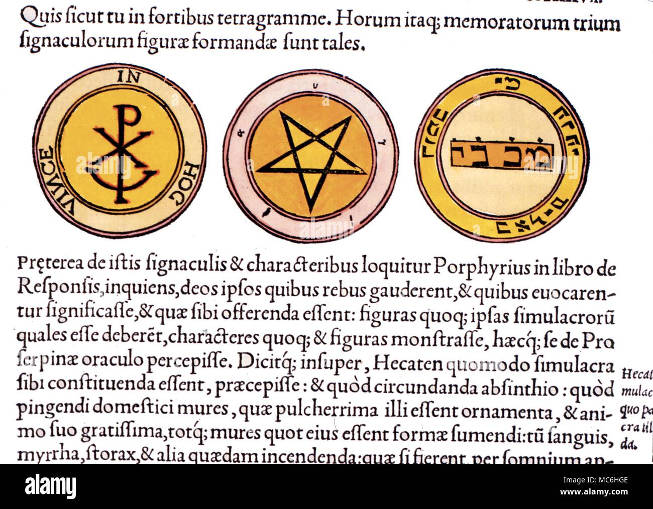 Magic symbols. Three magic amulets - the Chrismon, the Pentacle and the Hebraic name of God. From Agrippa's 'De Philosophia Occulta'' 1534' Stock Photo