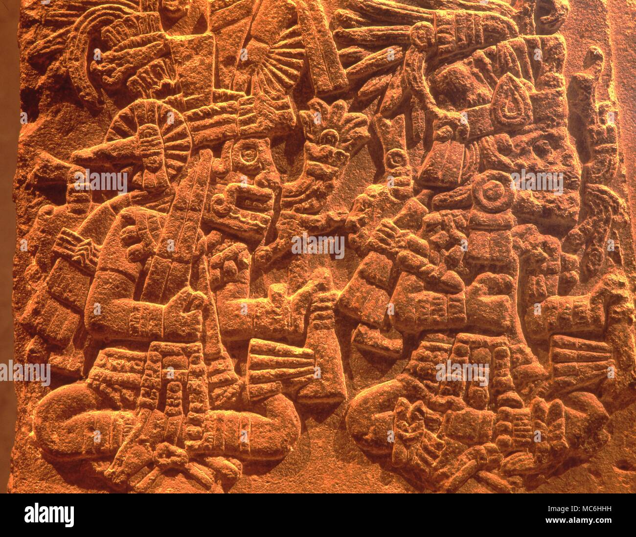 Mexican Mythology. Bas relief of Aztec solar disk, flanked by Huitzilopochtli and Tezcatlipola. National Anthropological Museum. Mexico City. Stock Photo