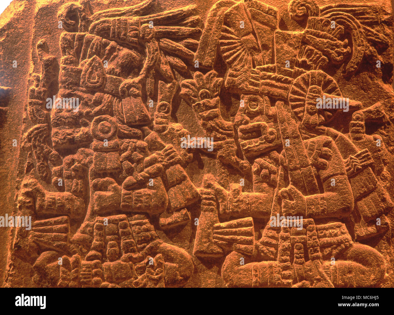 Mexican Mythology. Bas relief of Aztec solar disk, flanked by Huitzilopochtli and Tezcatlipola. National Anthropological Museum. Mexico City. Stock Photo