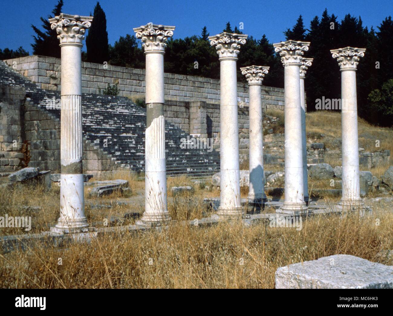 Medical. The first Greek hospital was built on the Island of Cos. detail of the Temple of Apollo, with Aeslepeion hospital behind. Here the temple-sleep or incubation and snake healing were practsed. Stock Photo