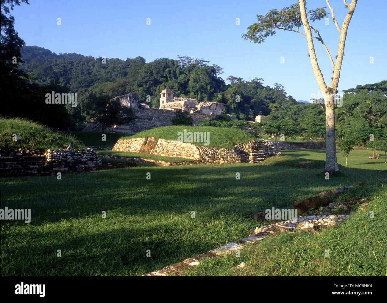 Mexican Archaeology. Palenque Remains of the Ball Game Court in the open space between the Place and the Temple of the Count. Stock Photo