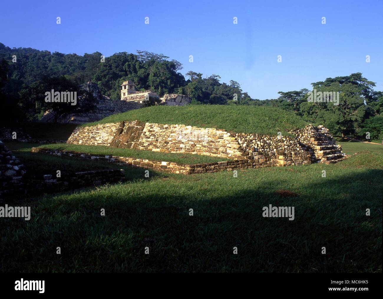 Mexican Archaeology. Palenque Remains of the Ball Game Court in the open space between the Place and the Temple of the Count. Stock Photo