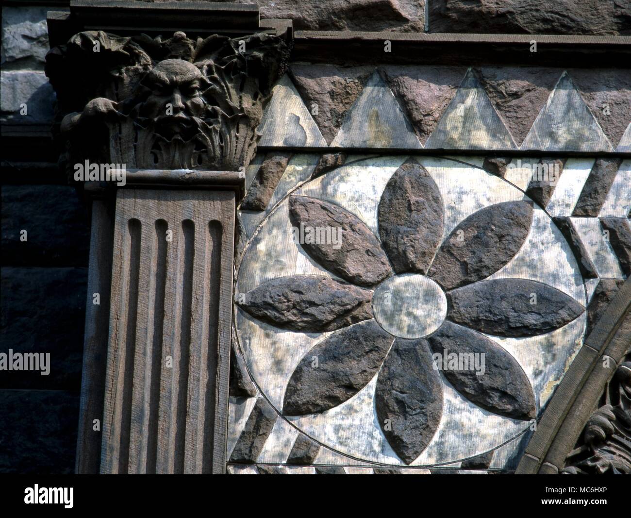 Eight rayed star carving on the facade of the History Dept. of Toronto University. Stock Photo