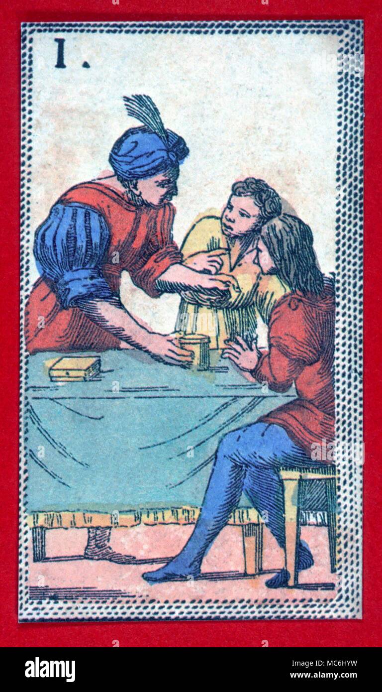 Stage Magic Magician with audience practising sleight of hand The Juggler of the Tarocchi set Eighteenth Century Stock Photo