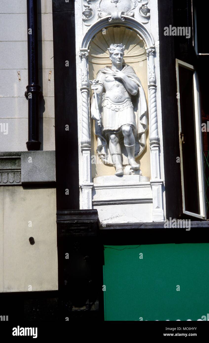 Roman Mythology Bury St Edmunds Image of a Roman General or Emperor in the facade of a mock Tudor house in Bury St Edmunds Stock Photo