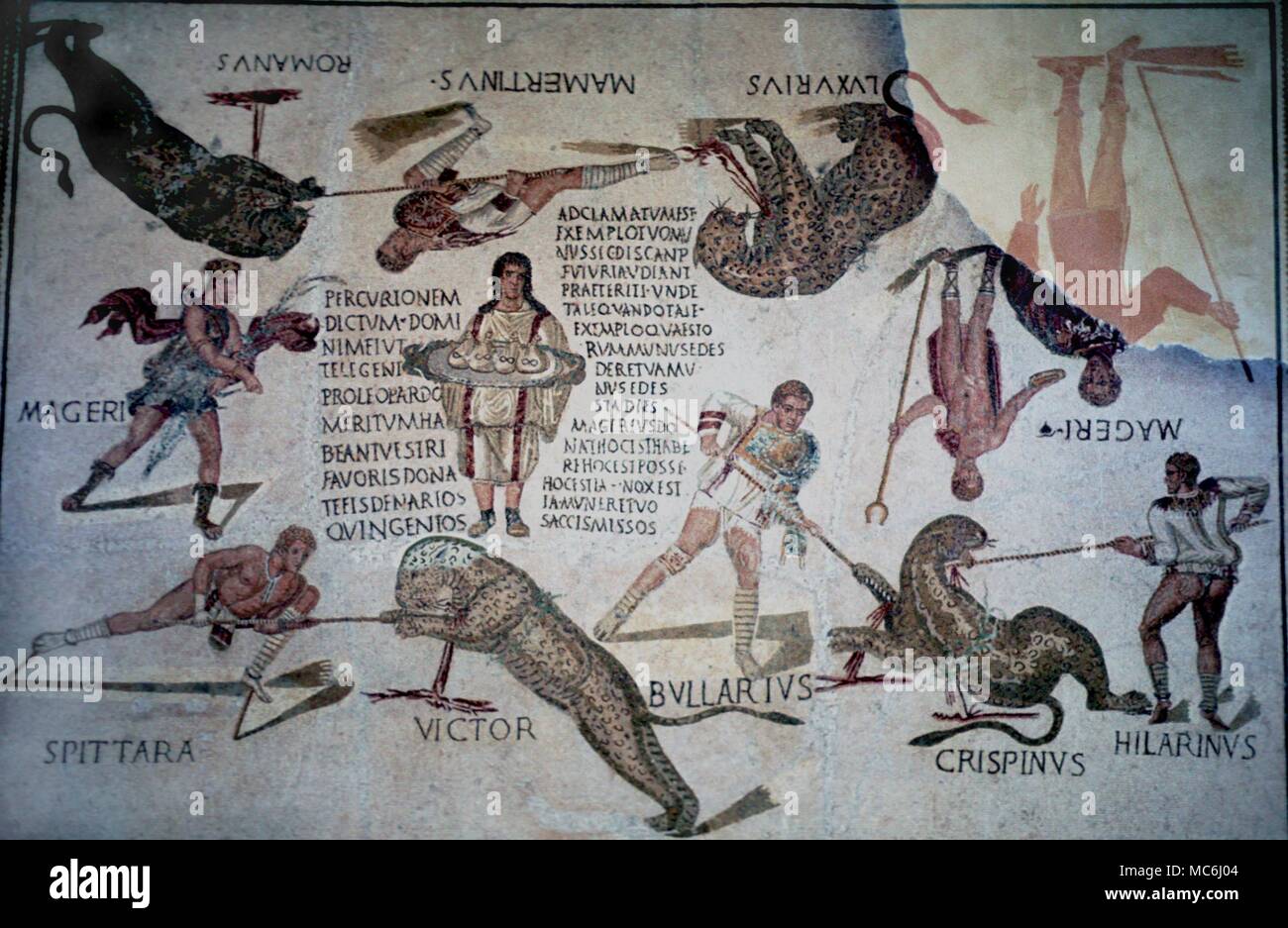 Roman Mythology Gladiators Detail of gladiators attacking animals from the Gladiators Mosaic in Sousse Museum Tunisia Stock Photo