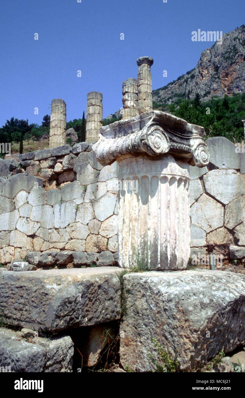 Delphi The ancient mystery centre of Delphi centres around the Temple of Apollo which was once the site where the Python was consulted on all sacred questions Originally the oracles were delivered on the 7th day of the month of Vyssios (Feb Mar) Apollo's Day Stock Photo
