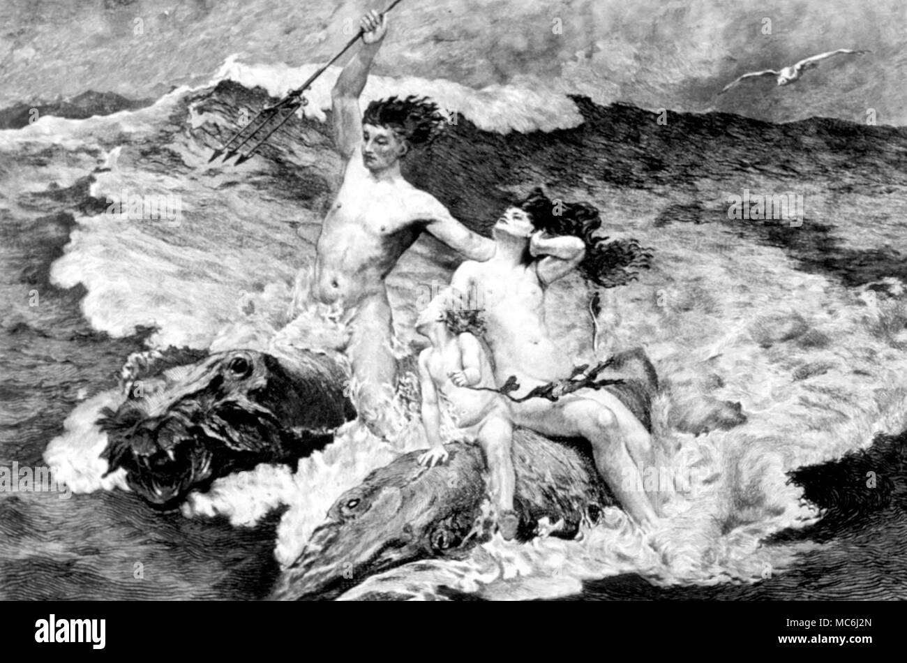 Greek Mythology Neptune Neptune with his trident and family riding on strange fish Etching by PA Masse after the painting by CN Kennedy 1890 Stock Photo