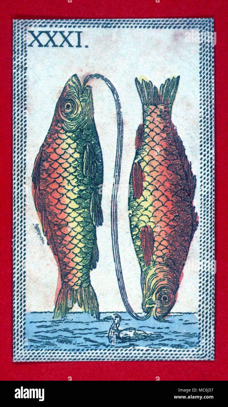 Zodiac Signs Pisces The two fishes of Pisces facing in opposite directions to symbolize the spirit and soul. From an eighteenth century Italian Tarocchi pack which incorporates zodiacal and elemental images Stock Photo