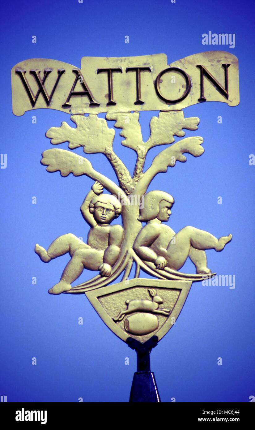 British Myths Babes in the Wood The Babes in the Wood a device adopted as a village logo in Watton Norfolk The device below the children is a rebus a hare (wat) jumping over a barrel (tun) to give wat tun Stock Photo