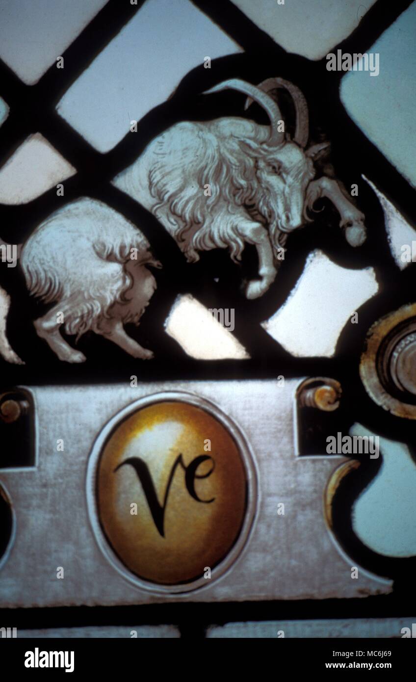 Astrology English Capricorn Stained Glass window image of Capricorn the Goat from the cloister windows of Chester Cathedral dated 1921-1928 Stock Photo