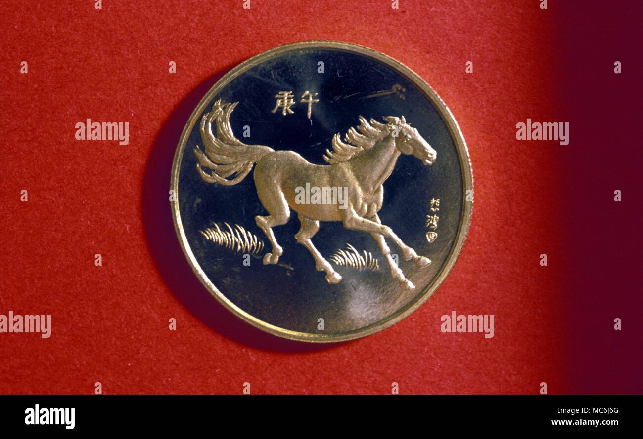 Chinese Astrology The Horse the chinese symbolic animal equivalent to the  zodiacal sign Libra Modern coin purchased in Beijing Stock Photo - Alamy