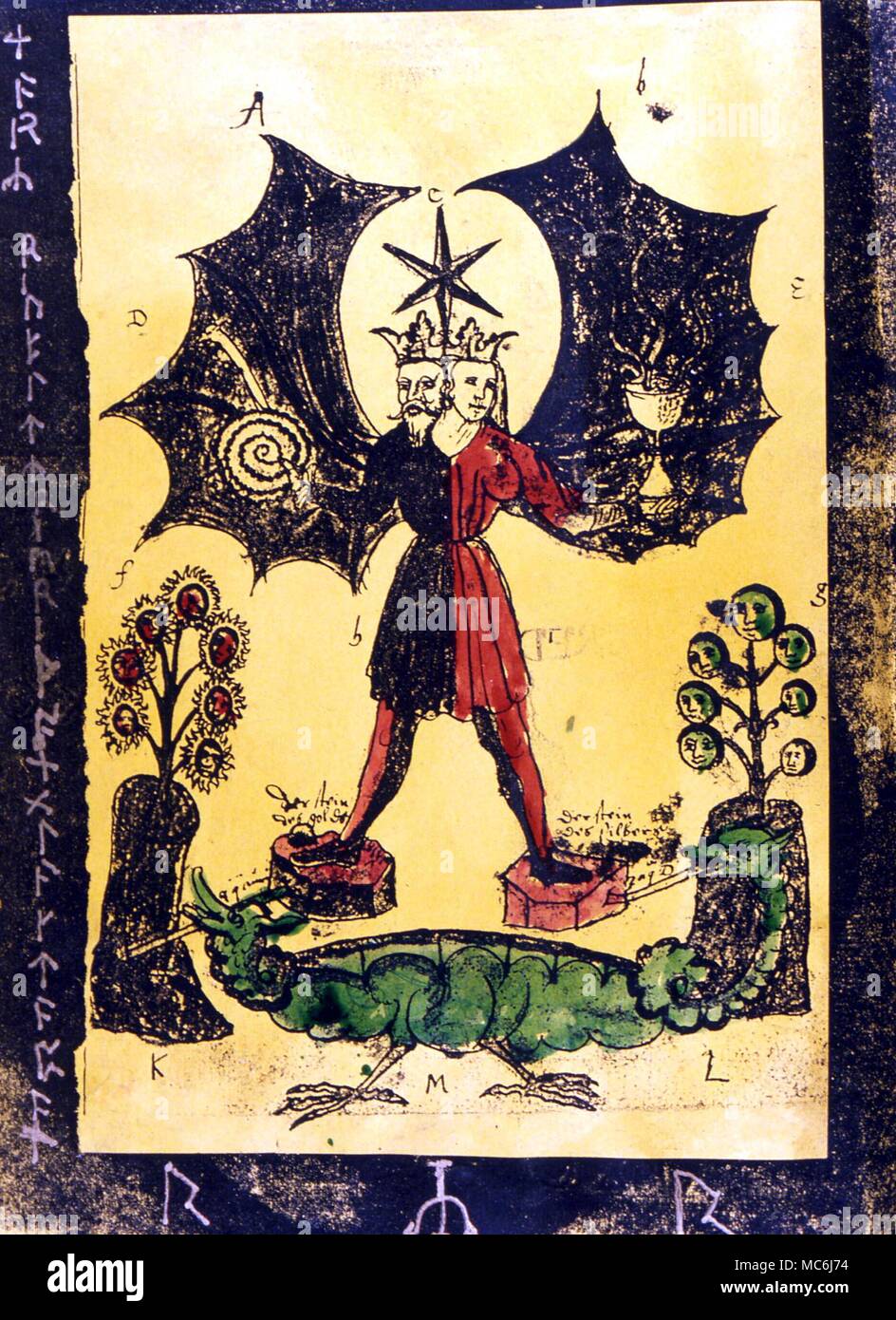 Alchemical androgyne, with runes running vertical (to left) and at bottom of sheet. From a personal 'Book of Shadows'. Private collection Stock Photo