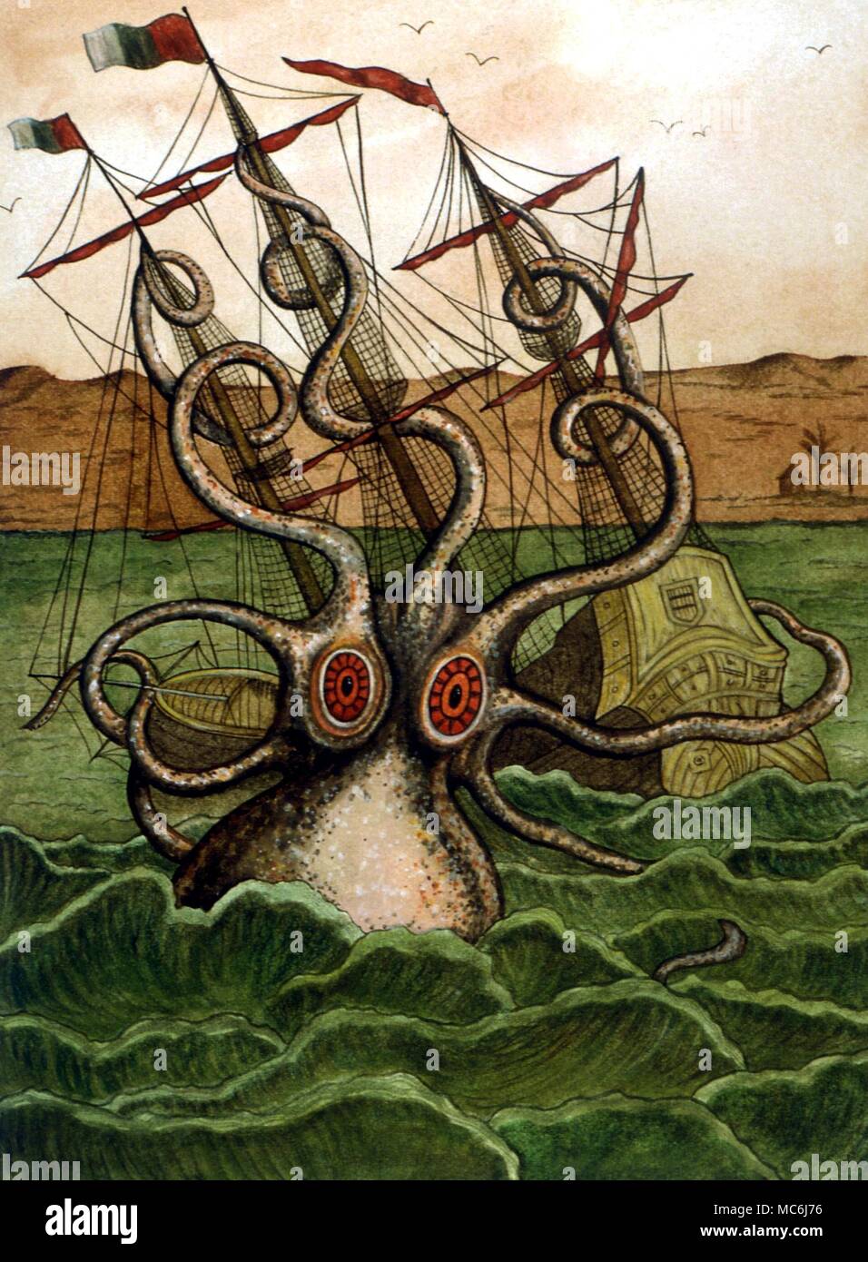 MONSTER - KRAKEN. Sail ship being attacked by a Kraken, in the form of a giant squid - Colossal Octopus by Pierre Denys de Montfort, 1801 Stock Photo
