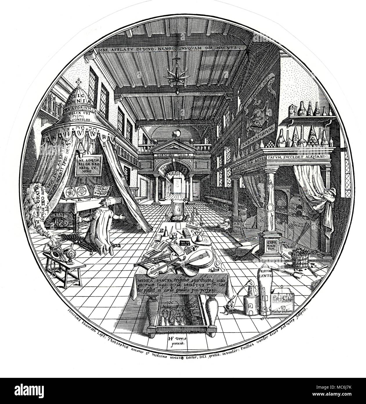 ALCHEMY - THE LABORATORY The alchemical laboratory, as a place of prayer and experimentation - from Heinrich Khunrath, Amphitheatrum Sapientiae Aeternae, 1602. An excellent survey of the Latin mottoes and meditations, may be found in Stanislass Klossowiski de Roal, The Golden Game. Alchemical Engravings of the Seventeenth Century, 1988, p.44. Stock Photo