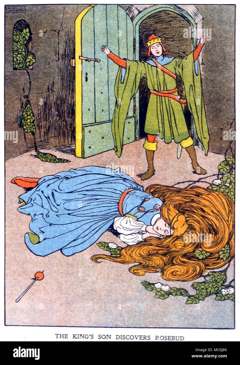 FAIRY STORIES - SLEEPING BEAUTY. The Prince discovers the sleeping Rosebud. From Cherryblossom and other stories from Grimm, 1909, illustrated by Helen Stratton Stock Photo