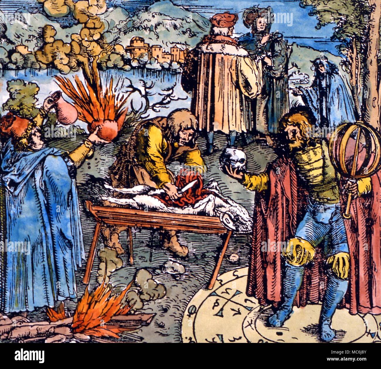 DIVINATION. Magician disembowelling a goat, and another magician raising demons from within a protective circle. Hand-coloured woodcut from Petrach's 'De Remediss Utriusque Fortunae' Stock Photo