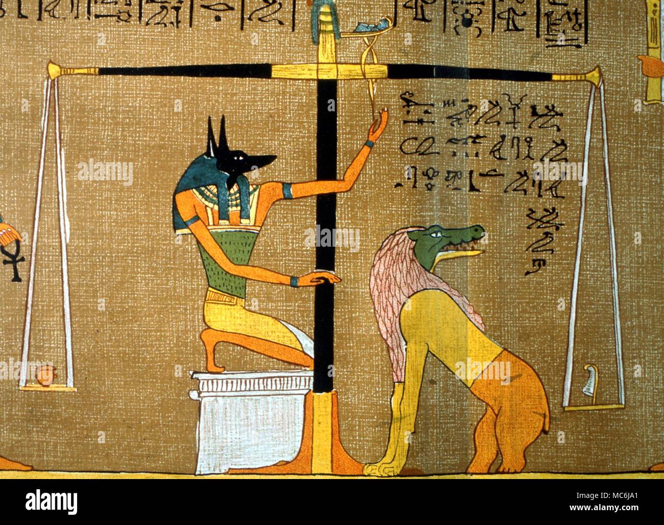 EGYPTIAN MYTH - WEIGHING OF HEART. The ritual of 'Psychostasia' the weighing of the soul of the deceased. The jackal-headed /anubis examines the balance: opposite is the monster Amemit, the Devourer. From the Hunefer papyrys. From Budge edition of Egyptian Book of the Dead, c. 1500 BC Stock Photo