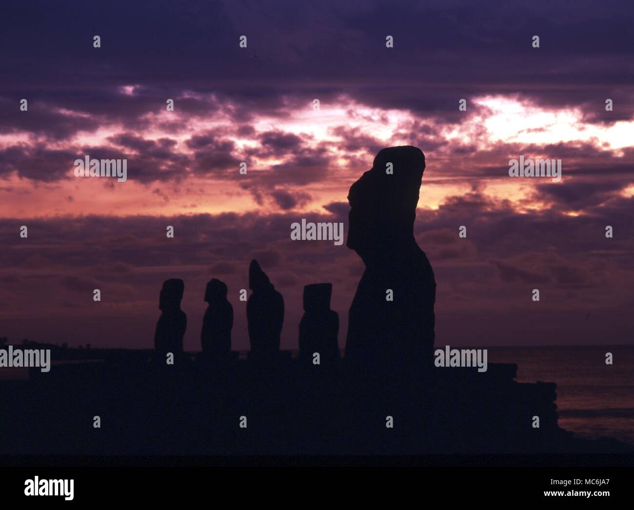 EASTER ISLAND - Upright giant statues near the ancient volcanic quarry on Easter Island Stock Photo