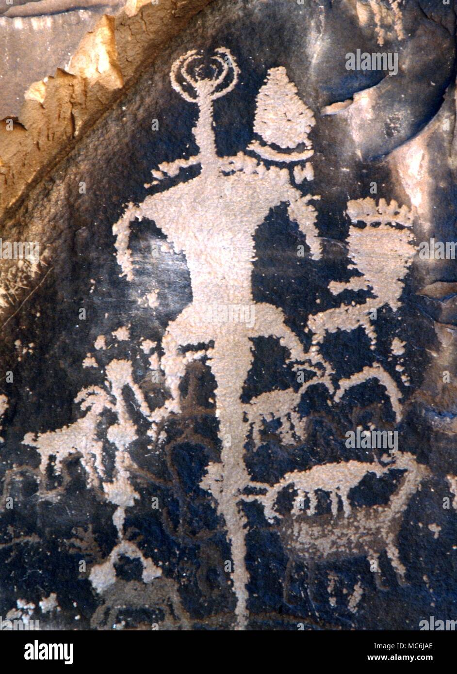 CAVE ART. Pictograph of a 'lizard-man' carved by shamans or indian artists, on the so-called Newspaper Rock in Utah, USA Stock Photo