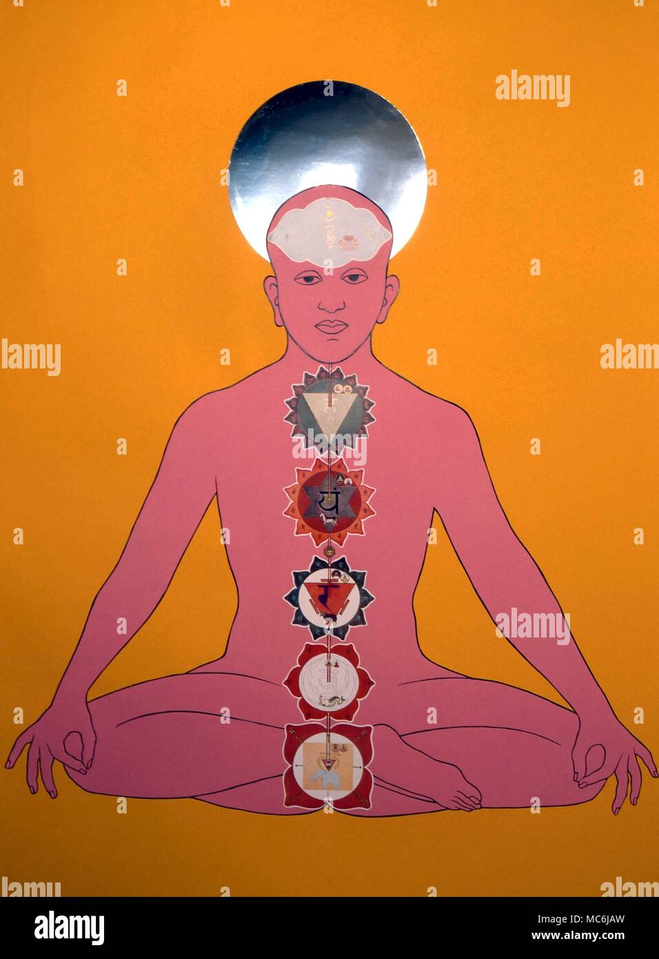 CHAKRAS. The subtle body, as viewed by the ancient occultists. The ajna, or space between the eyes, is visualised as a dual polarity. The development of this chakra is essential to the practice of magic Stock Photo
