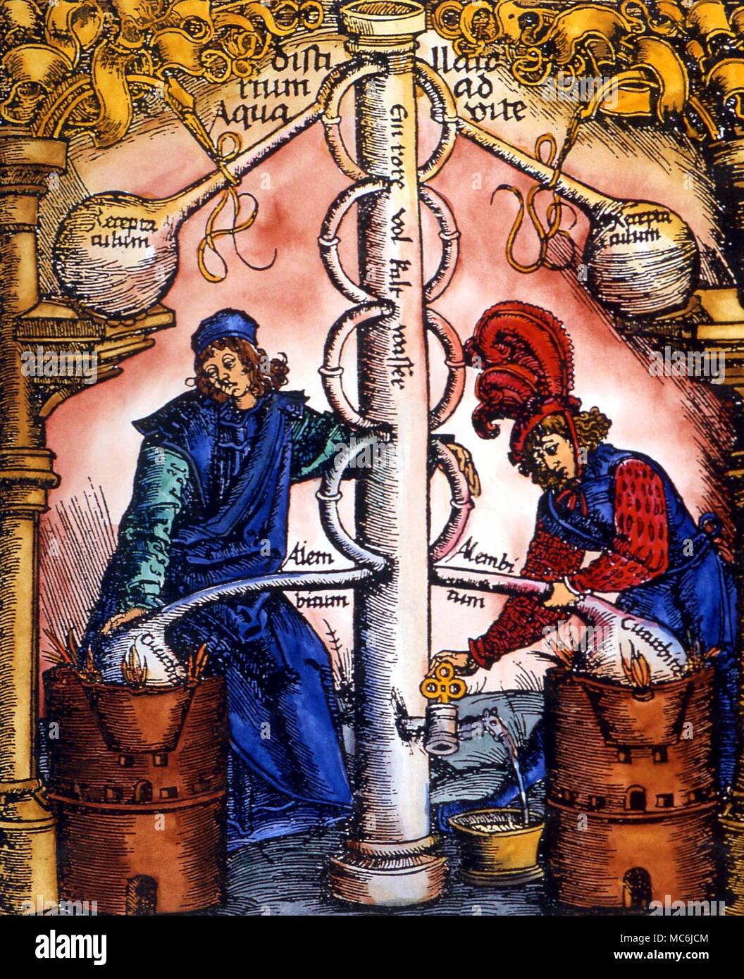 ALCHEMY - ALCHEMICAL APPARATUS. Complex arrangements of ovens, fountains and alembics. From the 1532 edition of Brunschwig, Das Buch zu Distilieren... Stock Photo