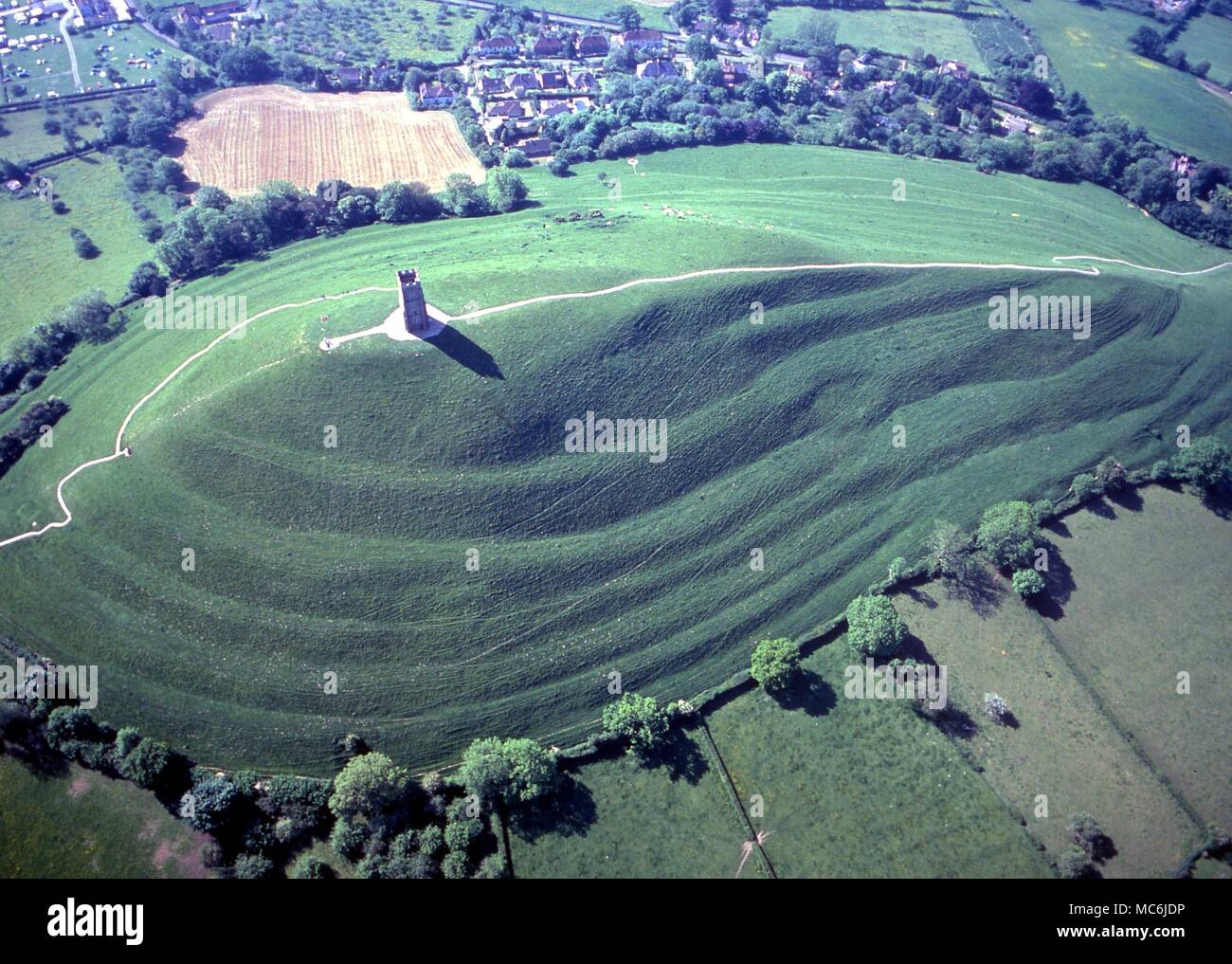 GLASTONBURY. The remains of St Michael's on the Tor of Glastonbury, seen from the air Stock Photo