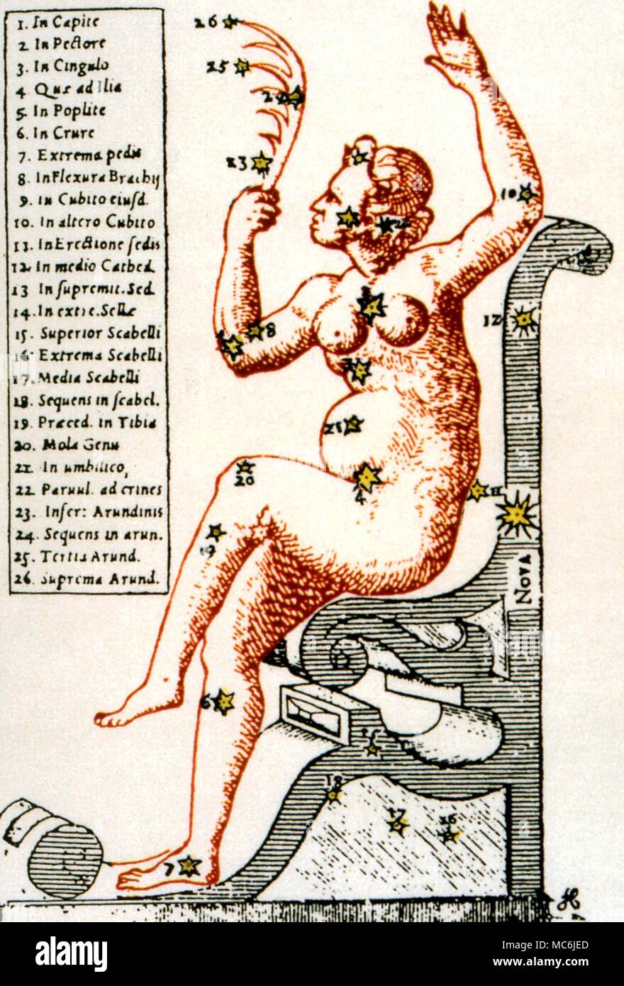 NOSTRADAMUS - - PREDICTION OF NOVA. In Quatrain 2:41 (published 1555), Nostradamus predicted the Nova, or New Star, of 1572. The Nova appeared in the constellation of Cassiopeia, set in the back of her chair. The illustration is from Tycho Brahe, Astronomiae Instauratae Progymnasmata, 1602 Stock Photo