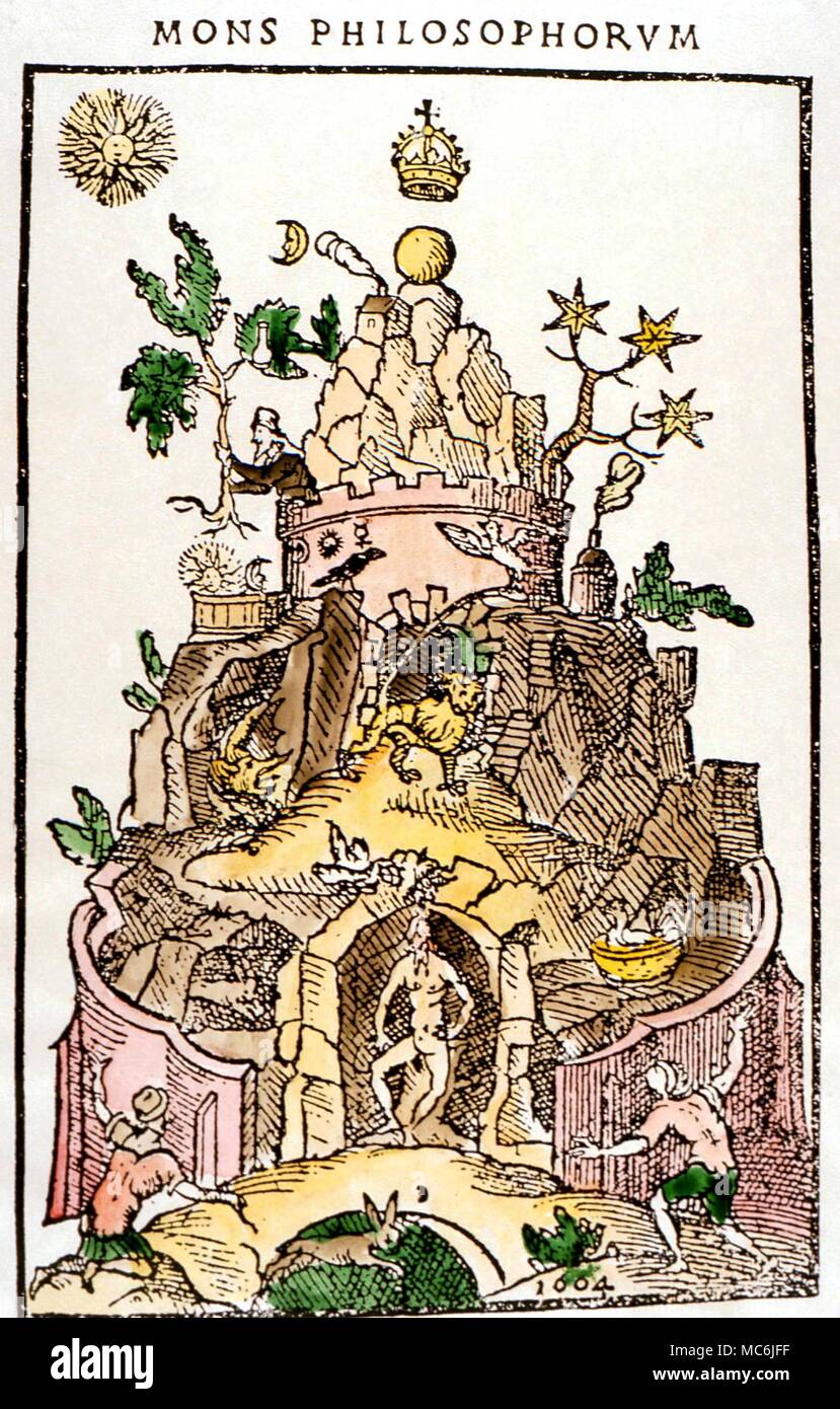 ALCHEMY - Print of the so-called 'Philosophical Mountain' - a 17th century woodcut said by some to illustrate the mystical tomb of Rosencreutz, the founder of the Euorpean Rosicrucian movement Stock Photo