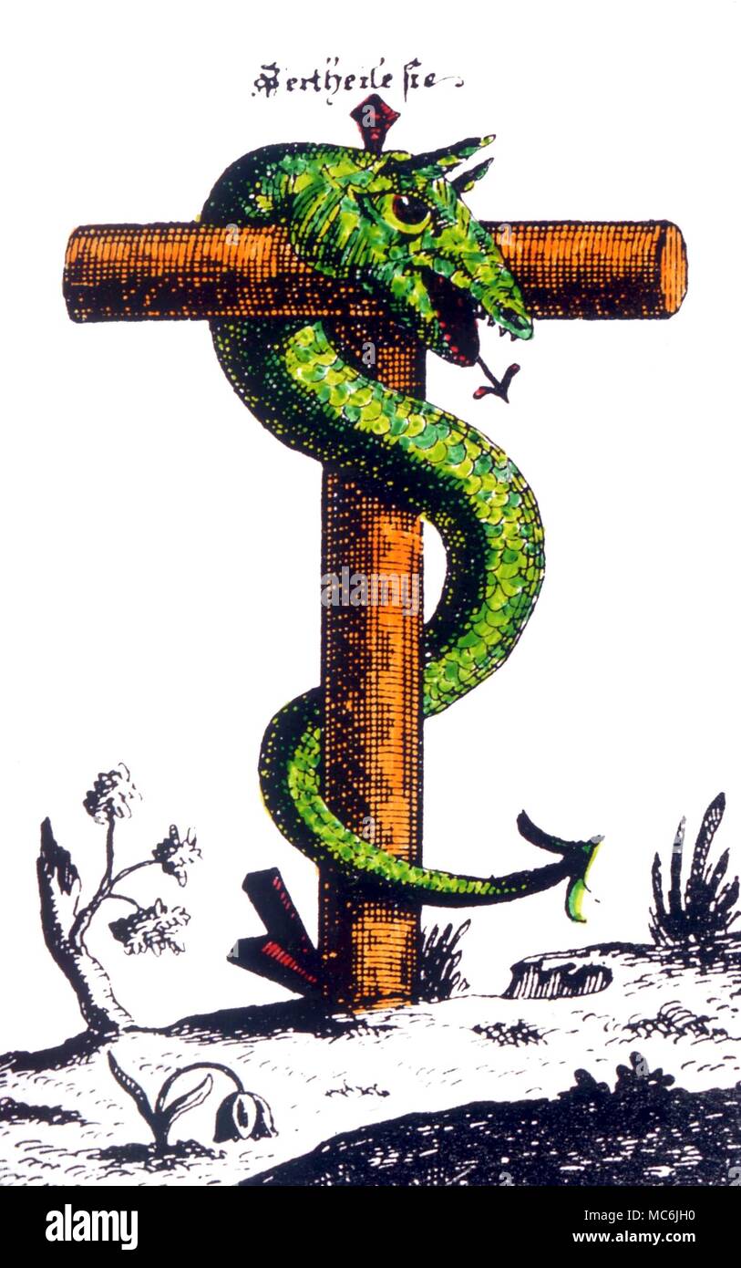 ALCHEMY - CRUCIFIED SERPENT. on Tau Cross - hand-coloured engraving of 18th century Stock Photo