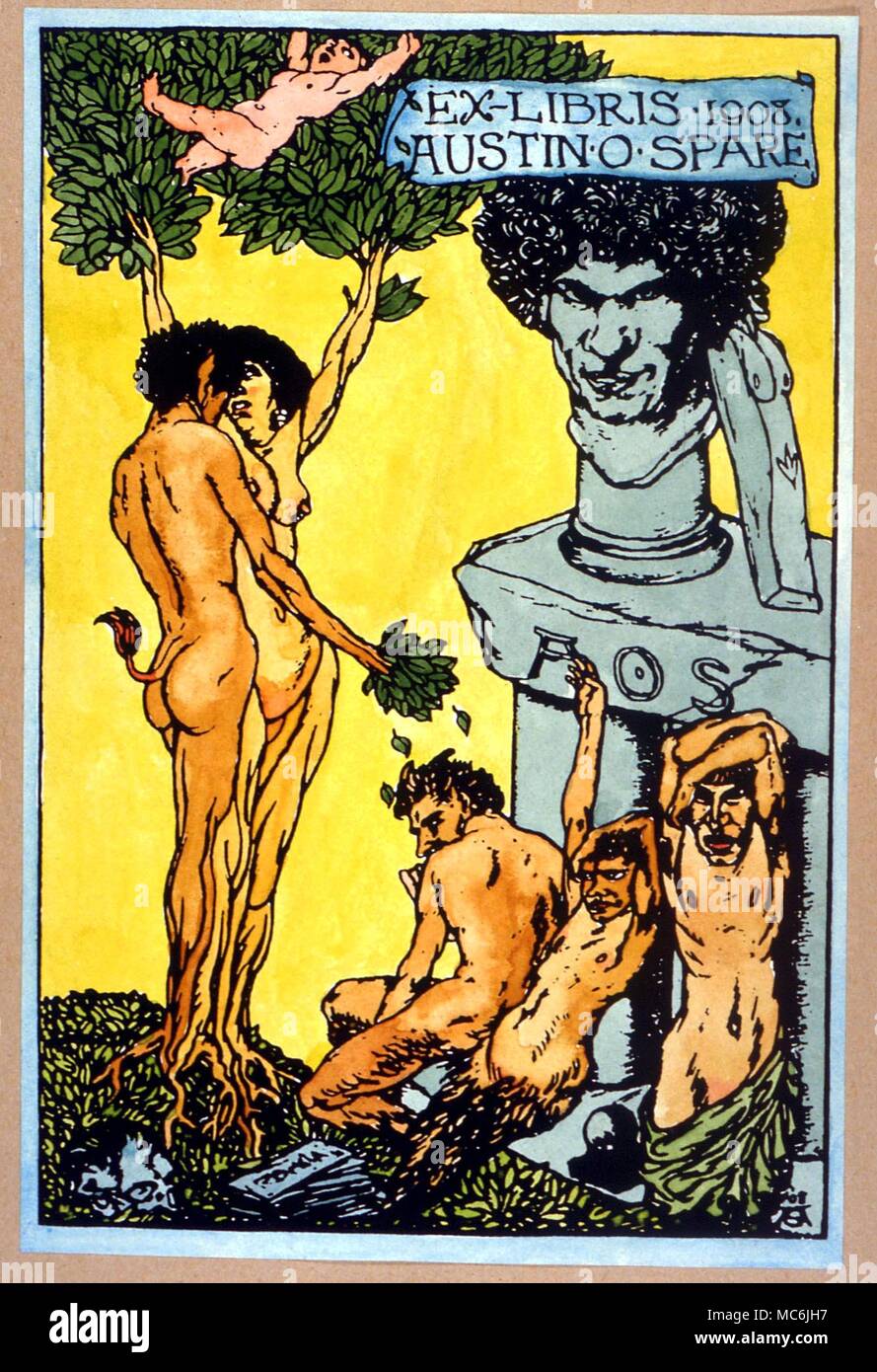 OCCULTISTS - AUSTIN SPARE Bust self-portrait of the artist Austin Osman Spare (1886-1956) surrounded by various nymphs and satyrs. Spare's own Ex Libris, hand-coloured. private collection Stock Photo