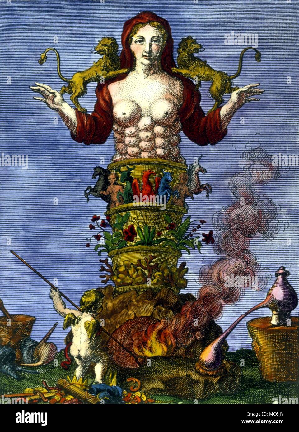 ALCHEMY - Diana of Ephesus as part of the athanor or furnace - an indication of the link between the ancients and alchemy. Coloured frontispiece from Urbanus Hierne, Actorum chymicorum homiensium, 1712 Stock Photo