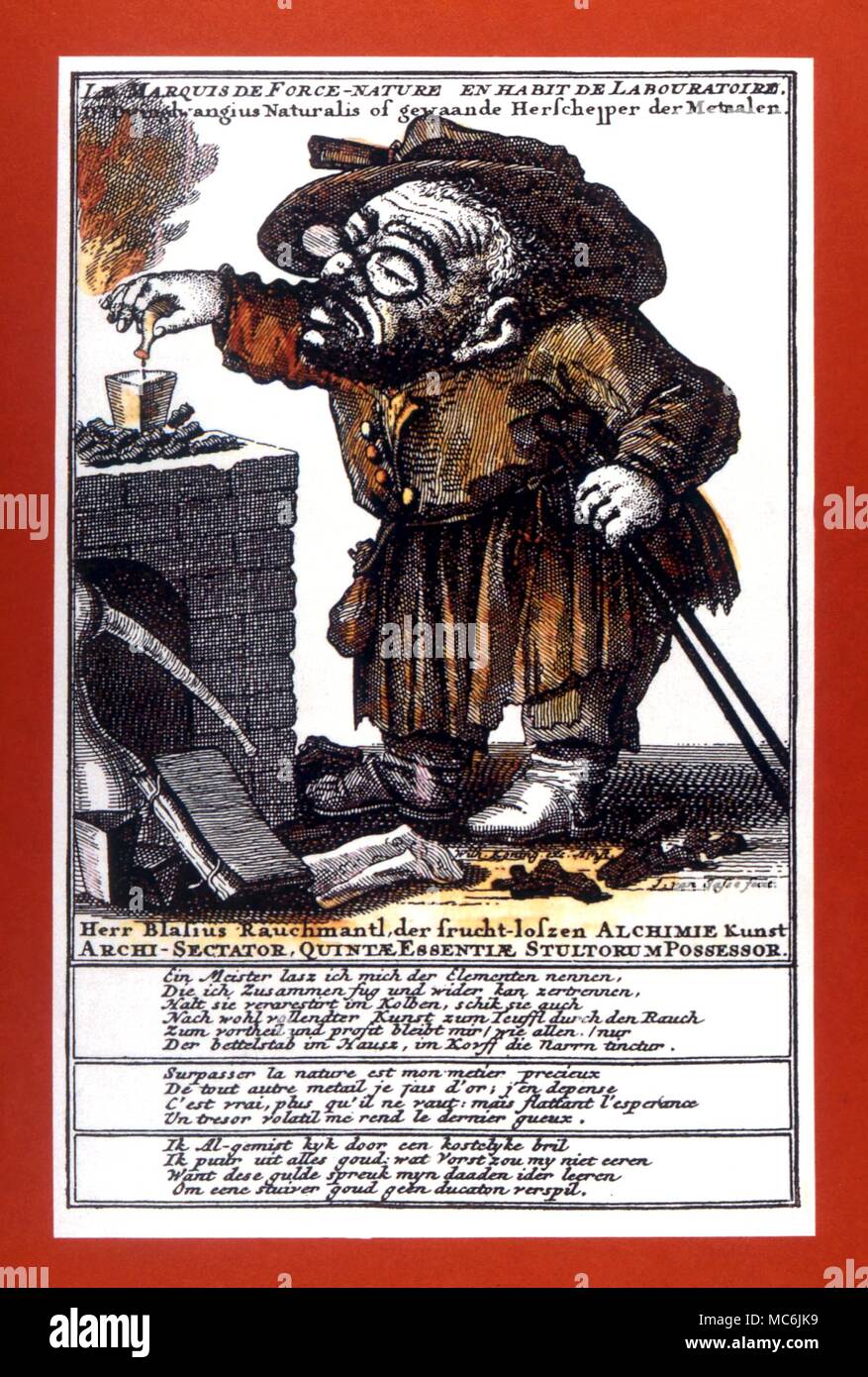 ALCHEMY - Satirical print - A 'Puffer' or materialistic alchemist. After an engraving by Wilhelm Koning, entitled, 'Le Marquis de Force-Nature'. (1716) Stock Photo