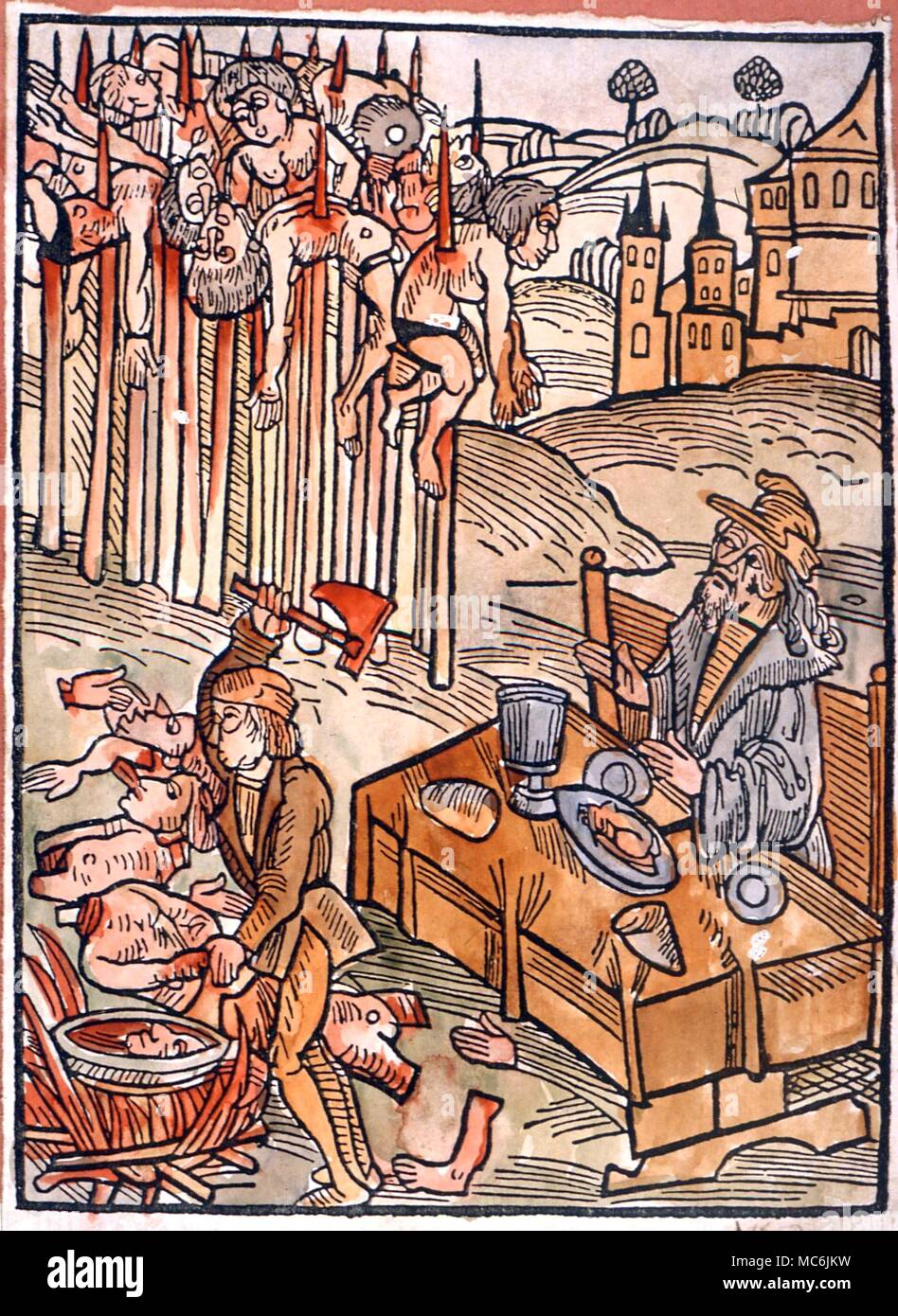 DRACULA - Woodcut of circa 1490 puiblished in Germany, portraying 'the wild bloodthirsty berserker, Dracula Voevod' dining among his impaled victims. He is supposed to have forced mothers to eat their children. Stock Photo