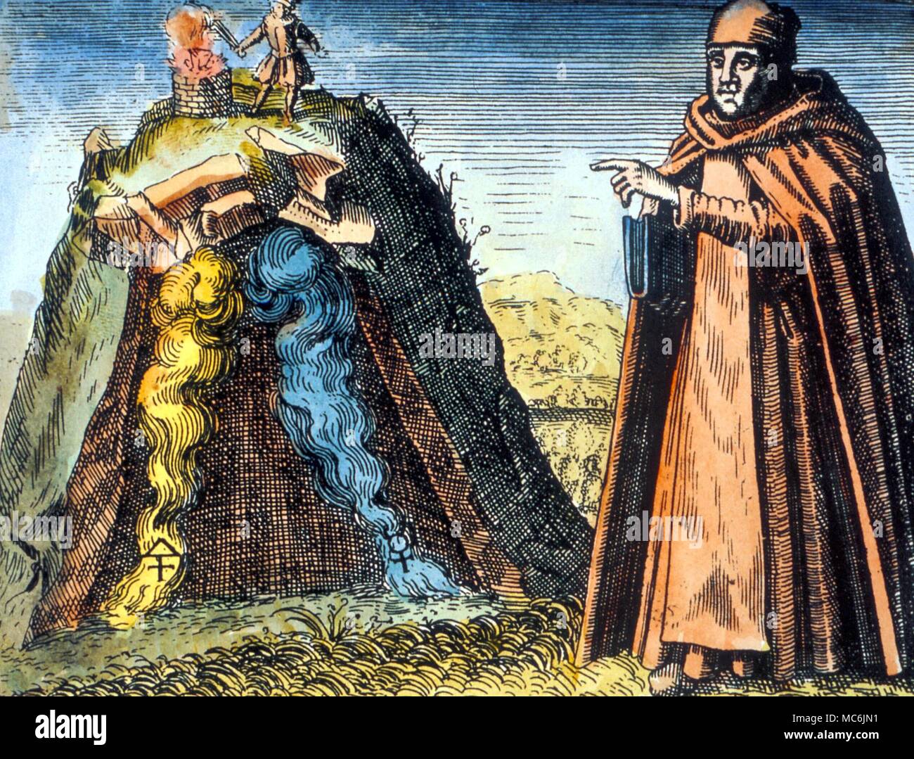 OCCULTISTS - ST AQUINAS. The great alchemist and esotericist Aquinas (1225-01274) in front of the symbol of his theory of the generation of metals from the vapours of Sulphur and Mercury. From Michael Maier's 'Symbola Aurea', 1617 Stock Photo