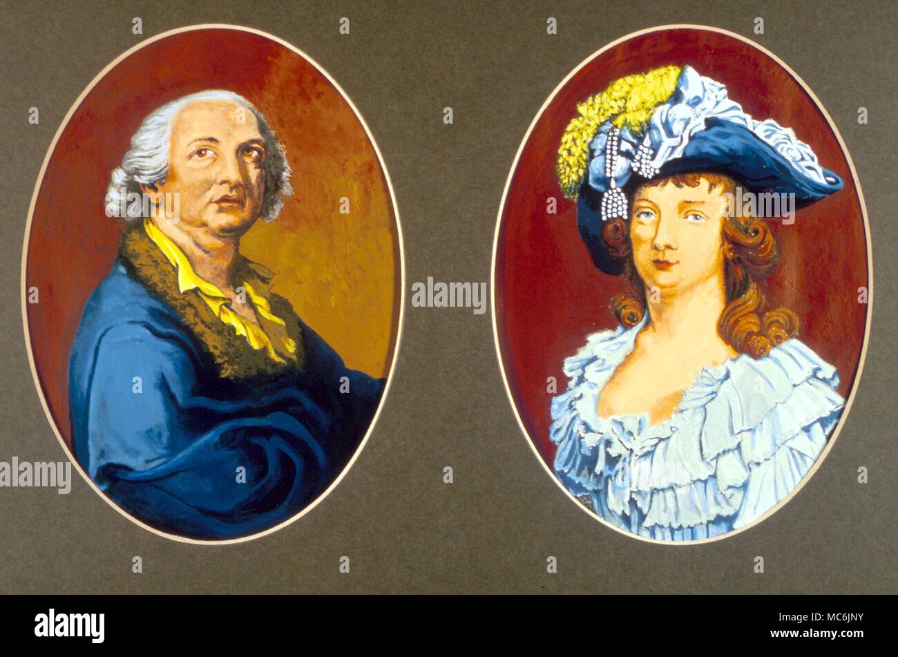 OCCULTISTS - CAGLIOSTRO AND HIS WIFE. Portrait miniatures of Count Alessandro Cagliostro (1743-1795?) and his wife, the Countess. private collection Stock Photo