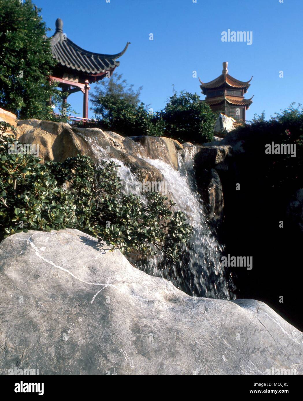 FENG SHUI - The Chinese Feng Shui experts unite air (wind and scents) with 'heat' (sun and shade), water and earth currents, to create gardens in which 'a few yards appears to have the space of over a mile'. Chinese garden, Sydney Australia Stock Photo