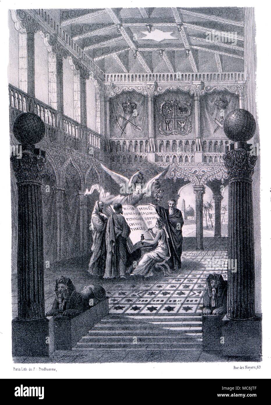 MASONRY - THE GREAT GOLDEN BOOK. Lithograph showing The Secret Temple of  Solomon (as a masonic Ldoge) with a zodiac above the 12 columns. From the  1860 edition of Le Soleil Mystique,